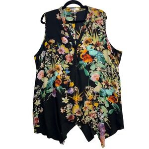 Spense 2X Floral Sleeveless Blouse Hanky Hem Black Button Front Vacation Top‎